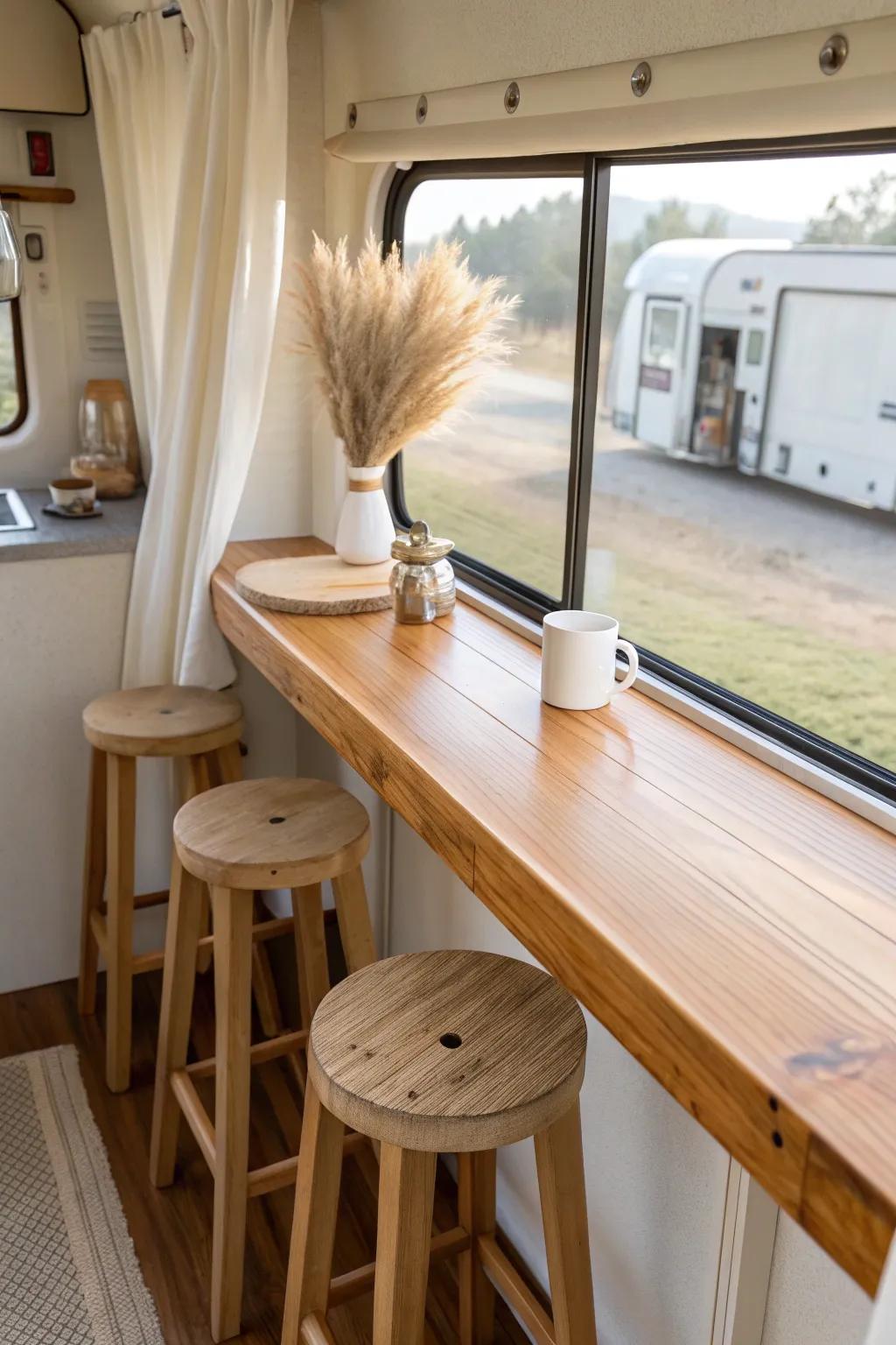 Cozy RV window-ledge breakfast bar in butcher-block wood—coffee perch with a view.