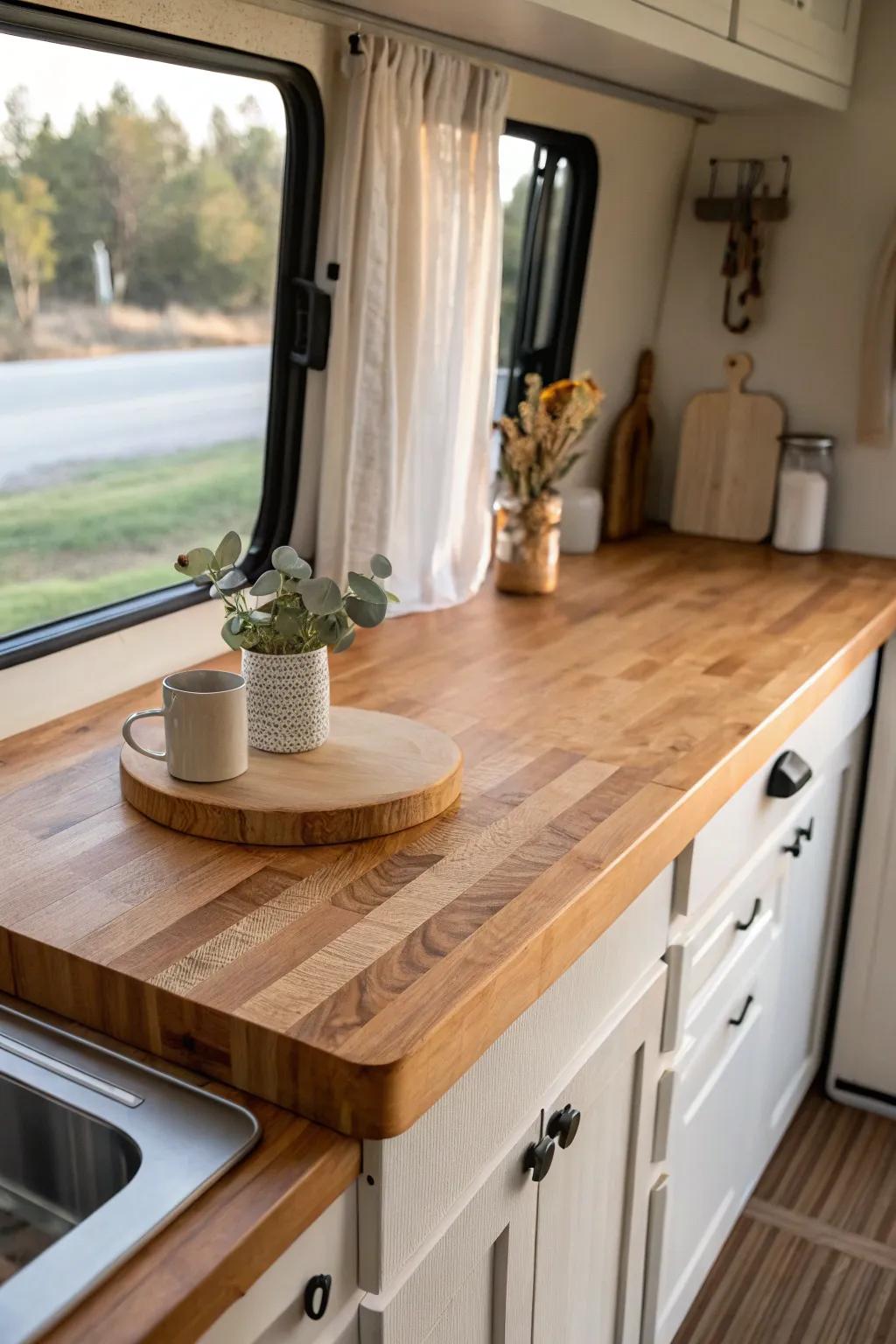 Classic butcher block adds cozy warmth to an RV kitchen—and stays tough without the shine.