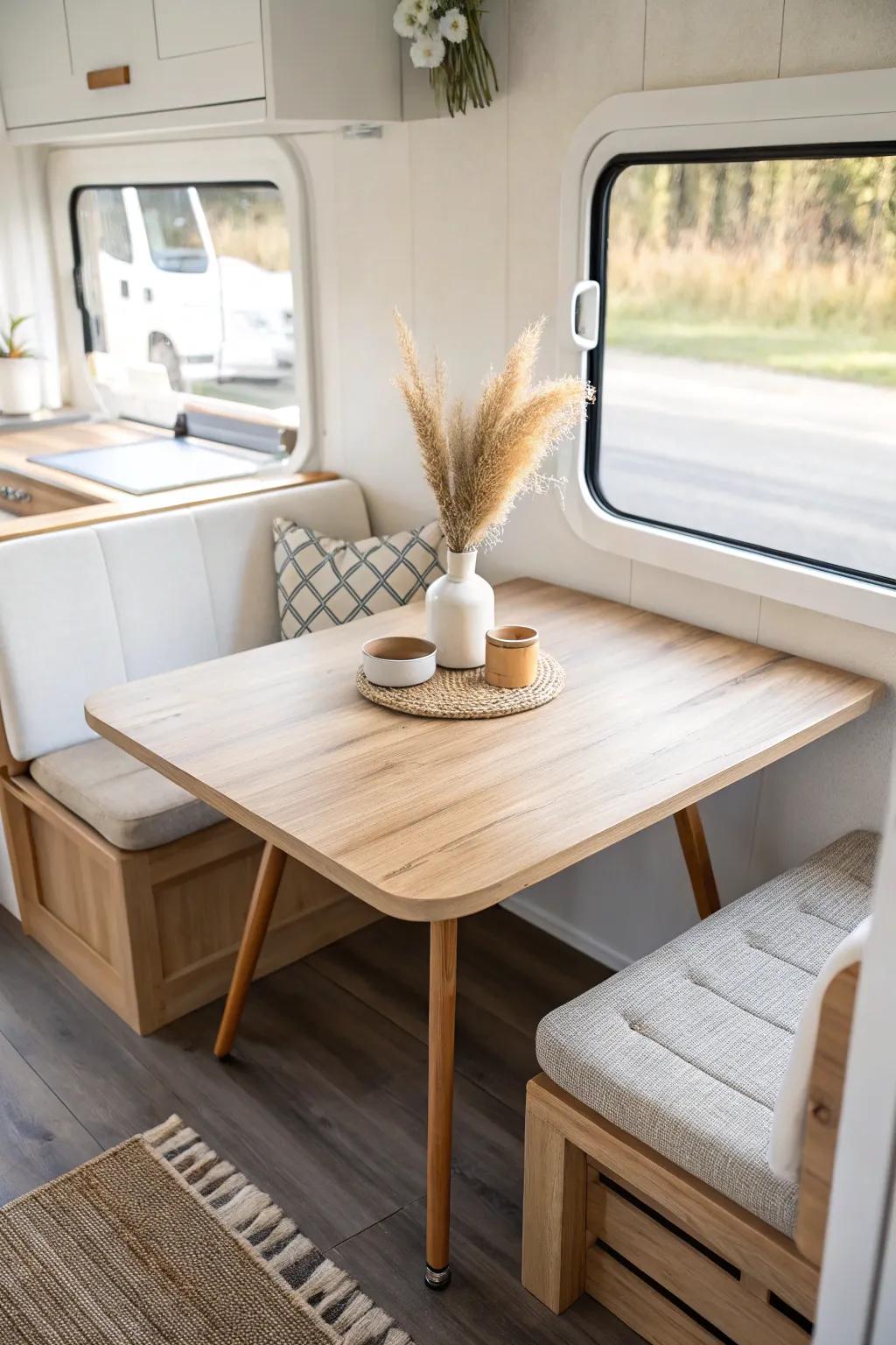 Swap the RV booth for a freestanding wood table—cleaner lines, easier cleanup, homey vibes.