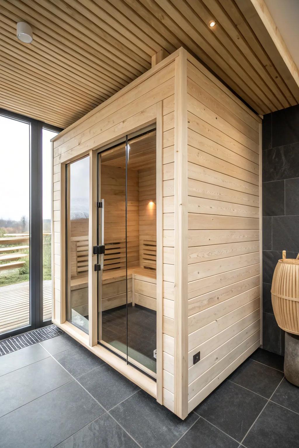 Modern glass-wall sauna in pale wood—clean lines and contrast that make the room feel bigger.