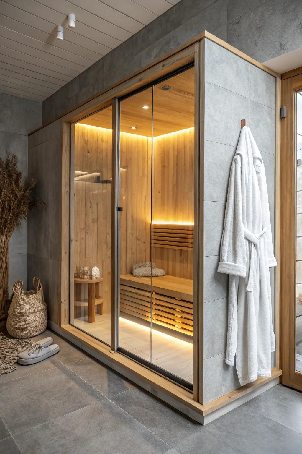 Sauna + shower made seamless: a full-height glass wall that keeps it open, warm, and functional.