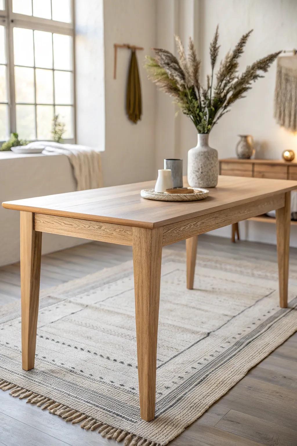 A light white-oak table with tapered legs—simple, soft-edged, and beautifully grain-forward.