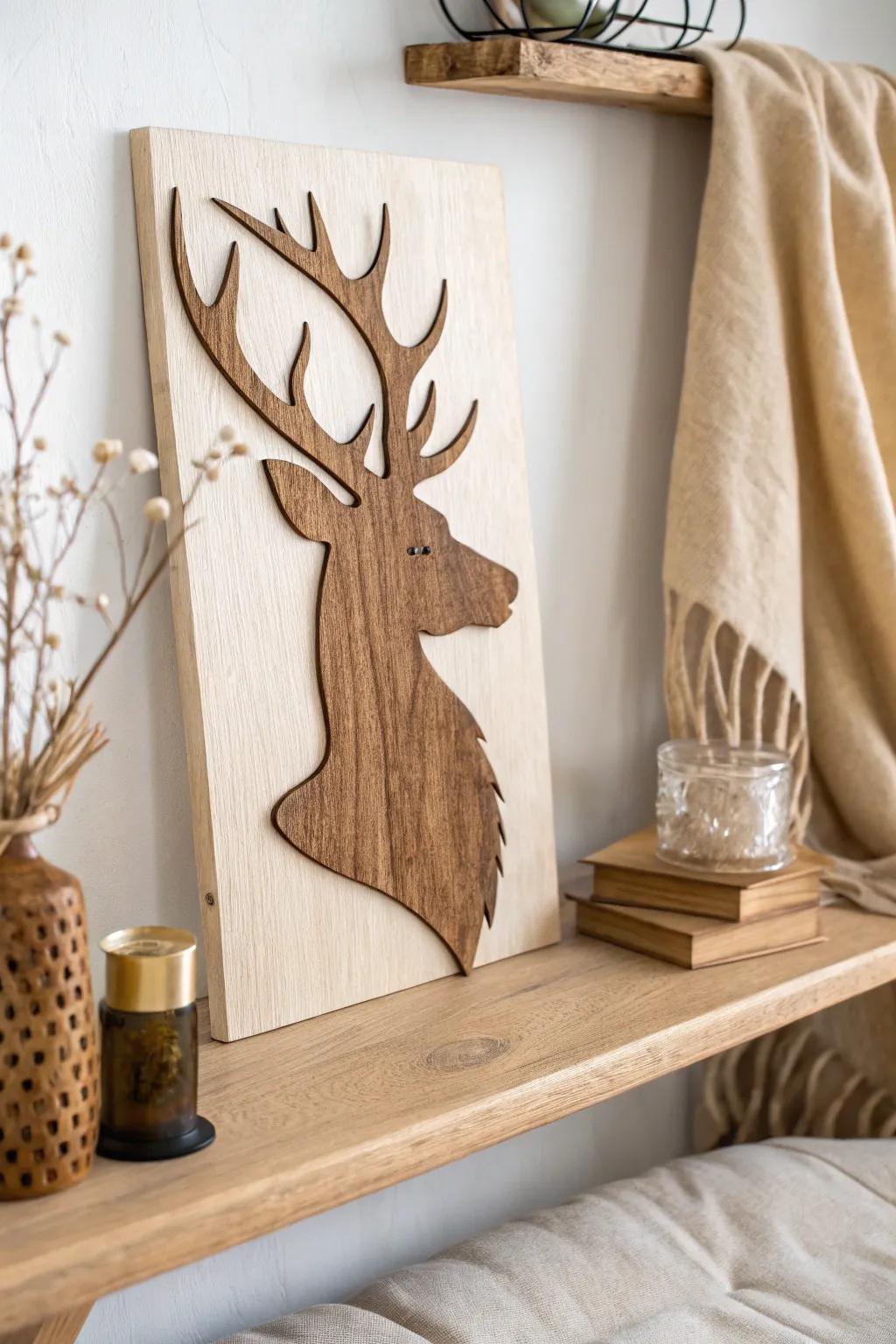 Simple scroll-sawn deer silhouette—warm reclaimed wood grain for a calm, modern gallery wall.