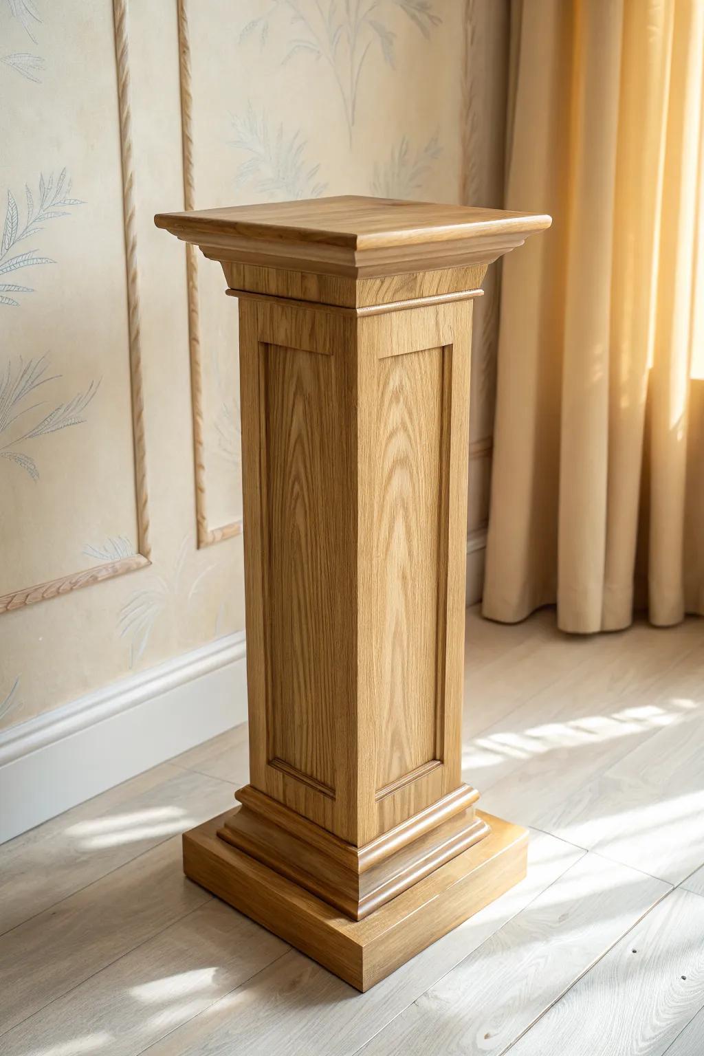 Classic oak plinth with crisp edges and matte finish—simple, timeless support for any sculpture.