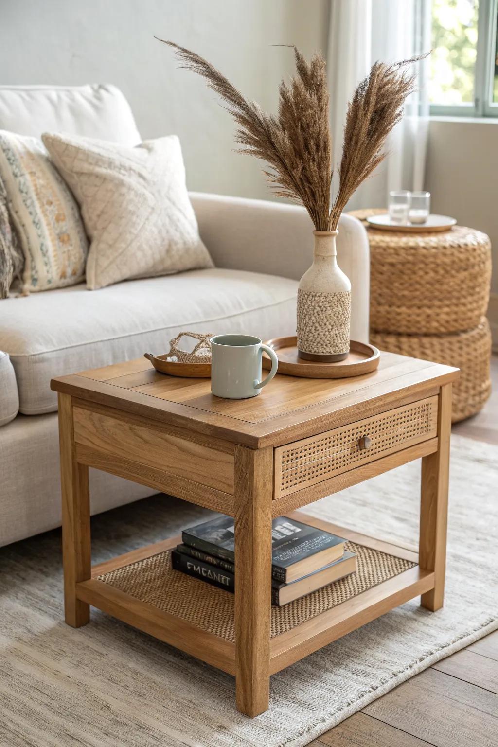 Matching oak end table at the sectional’s outer arm for a clean, balanced, pulled-together look.