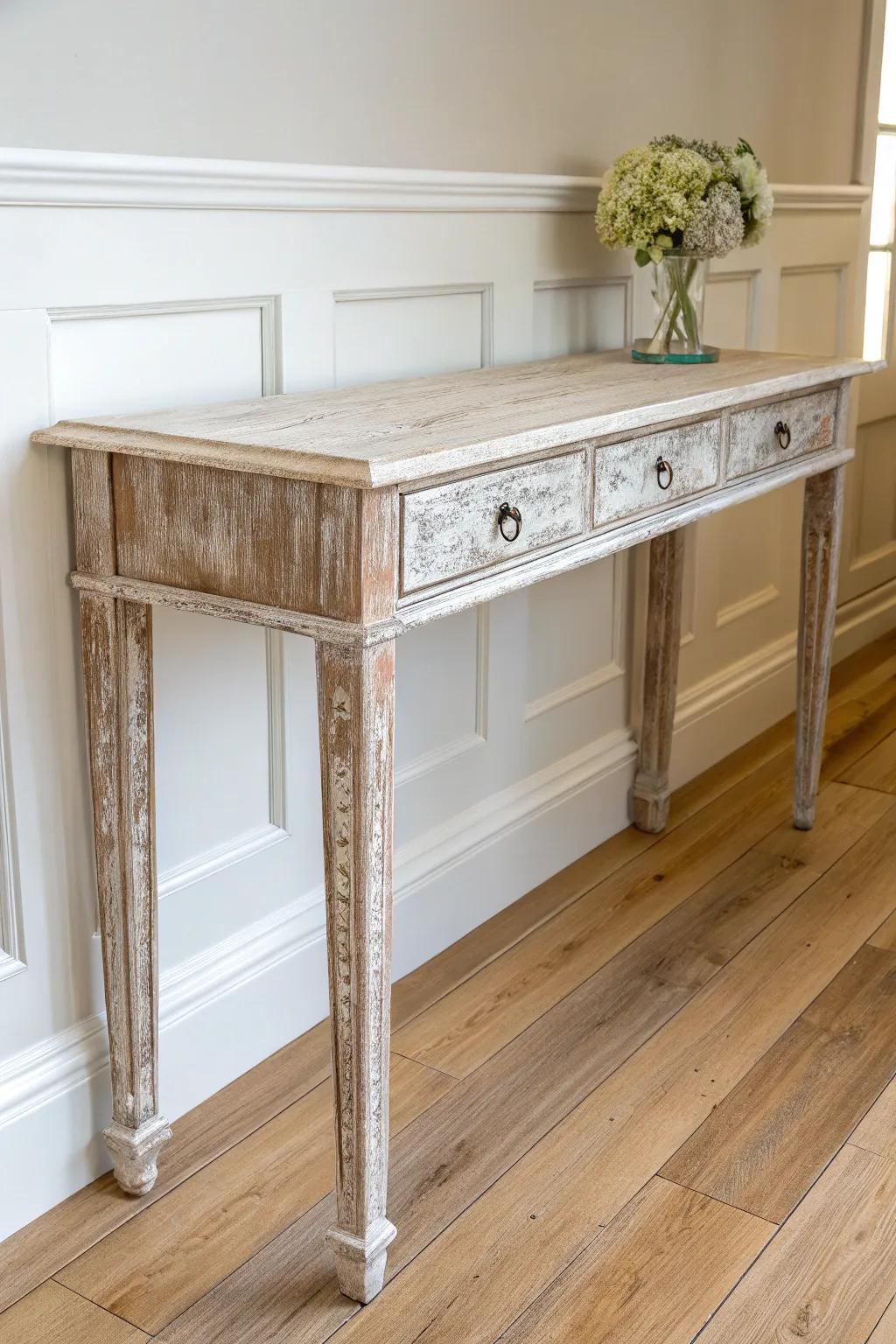 A narrow distressed console table—creamy dry-brush finish with warm wood peeking through.