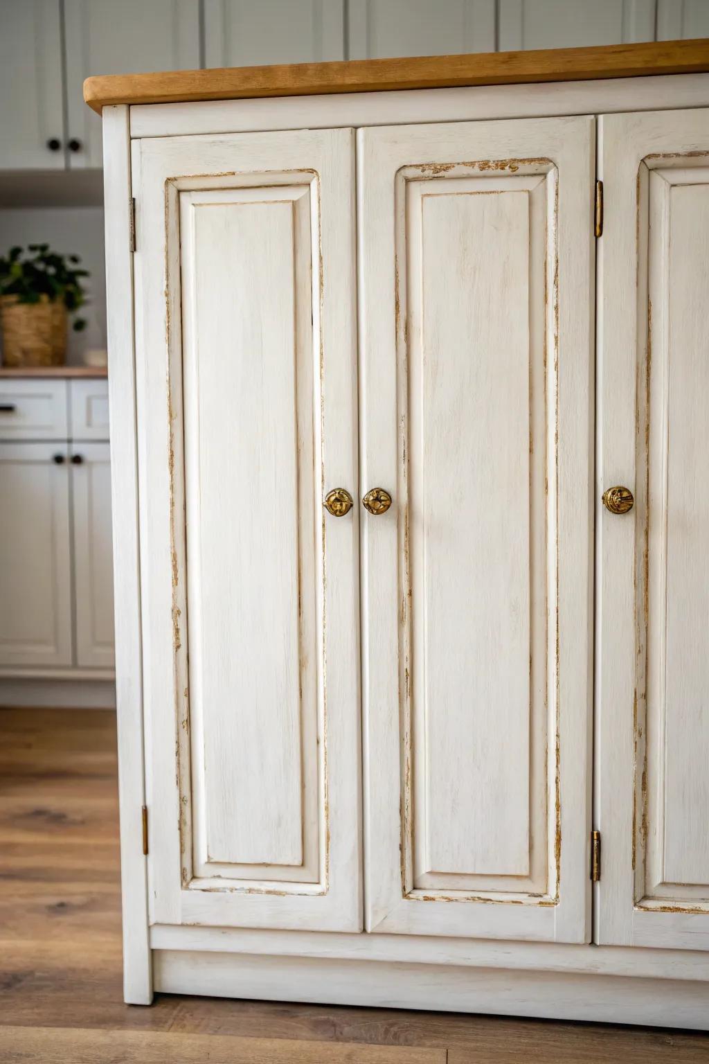 Warm white distressed cabinets with sanded edges—instant shabby chic charm with natural wood grain.
