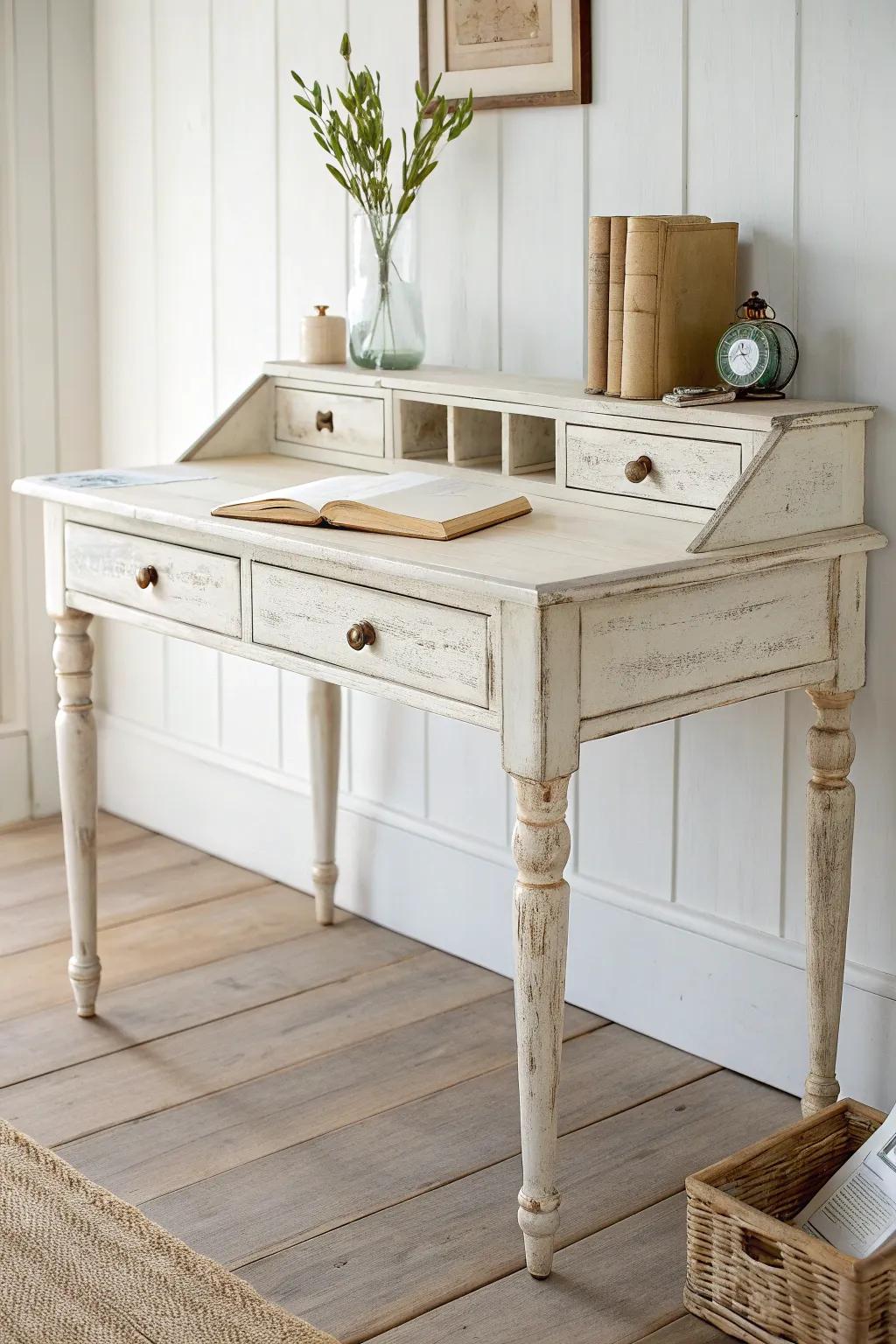 Creamy distressed white desk with softly sanded edges—an instant shabby chic office anchor.
