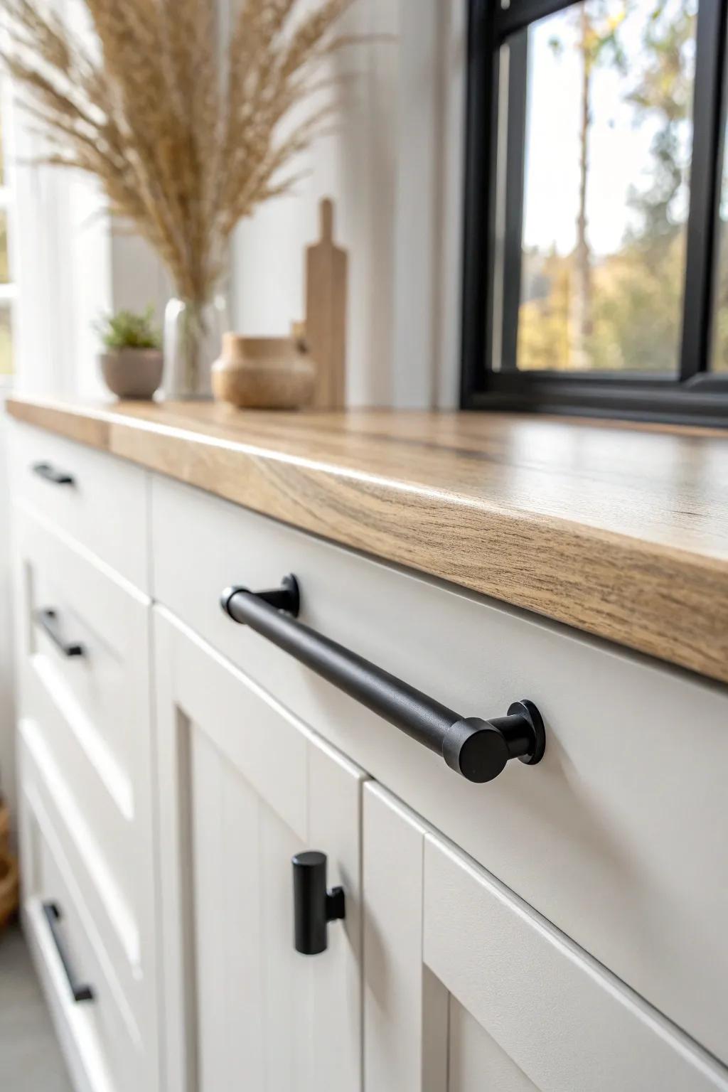 Matte black bar pull on white Shaker cabinetry—simple lines, instant contrast, timeless calm.