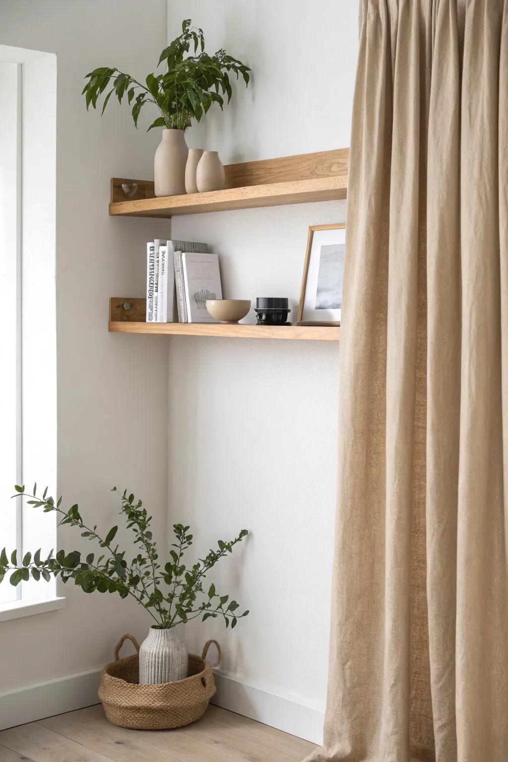 A linen curtain with a sleek oak header is the simplest way to hide shelf clutter—beautifully.