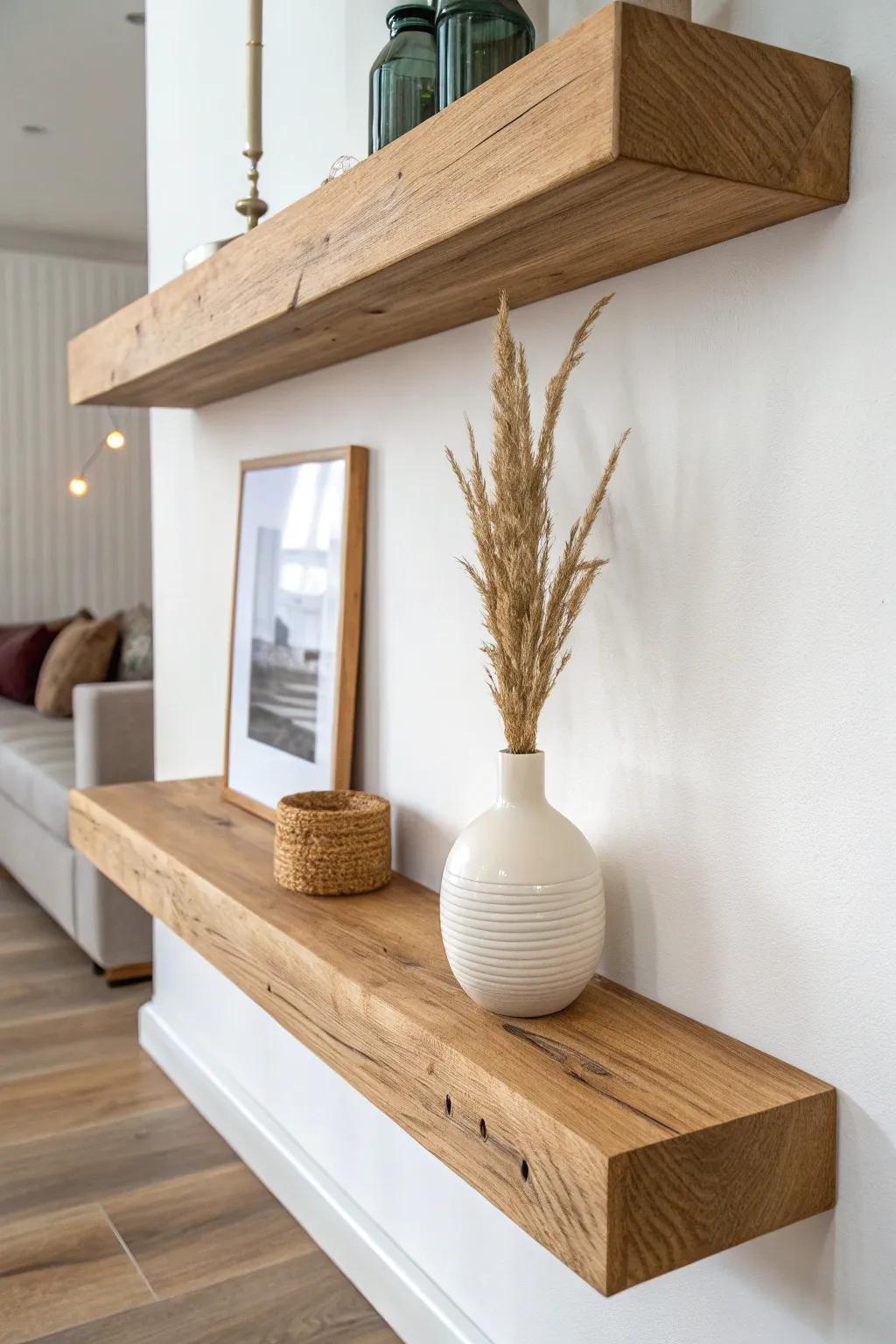 Classic chunky oak floating shelves—clean, warm, and perfectly styled with breathing room.
