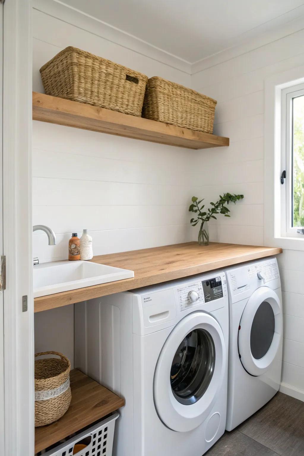 A seamless wood countertop shelf adds a built-in folding zone above your washer and dryer.