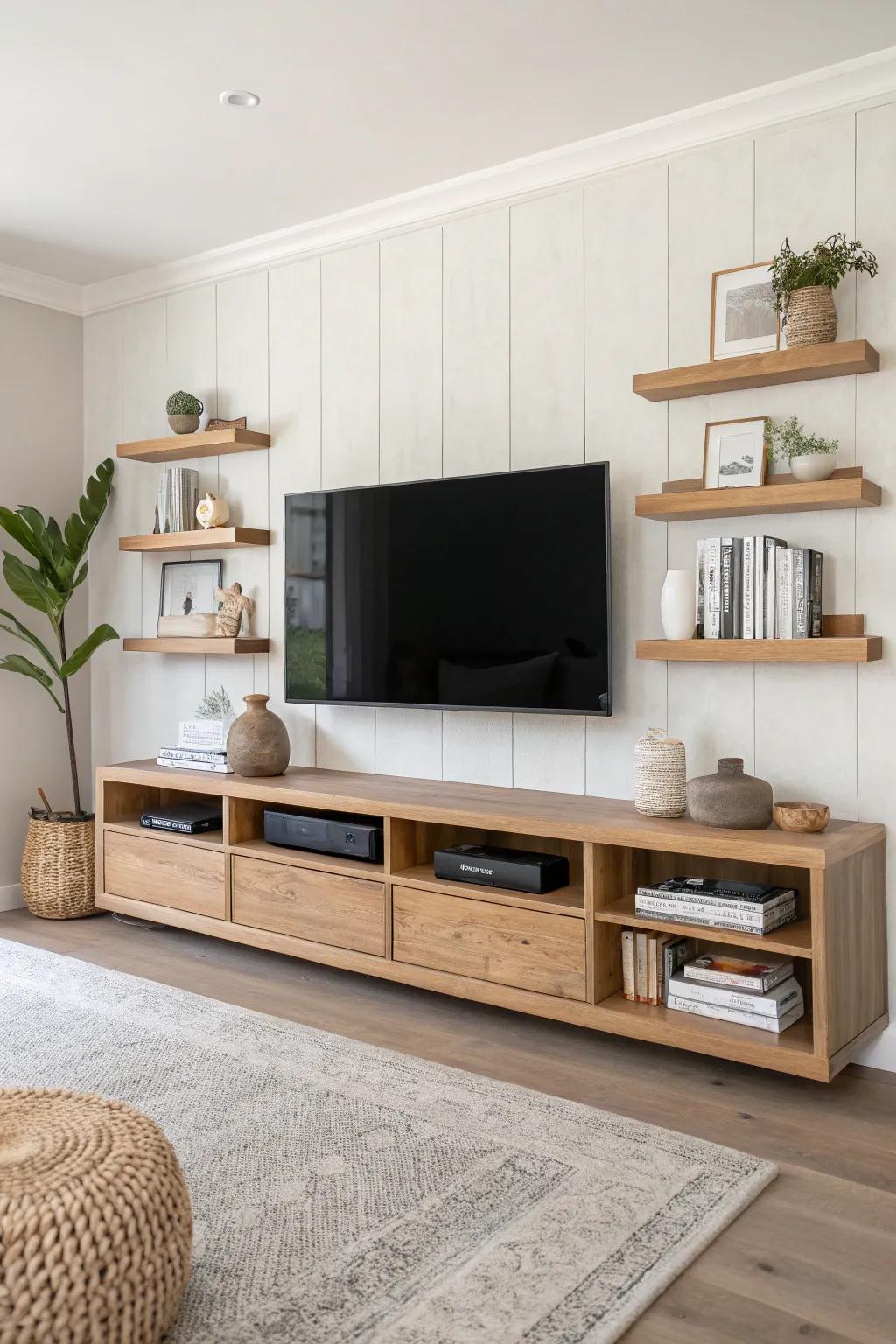 Three matching floating shelves per side create a calm, crafted, perfectly balanced TV wall.