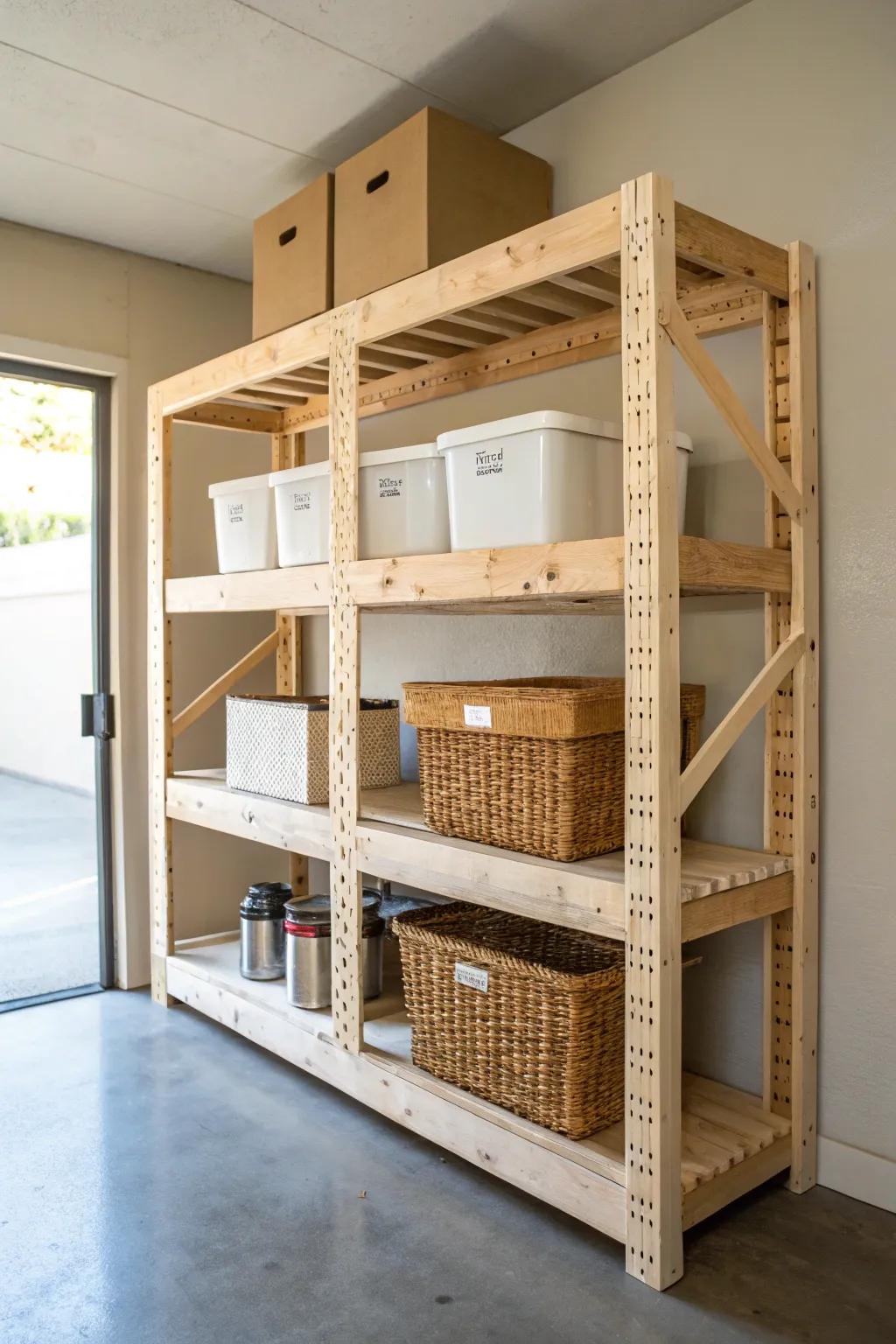 Heavy-duty 2x4 + plywood garage shelving that fits your bins perfectly—strong, clean, no sag.