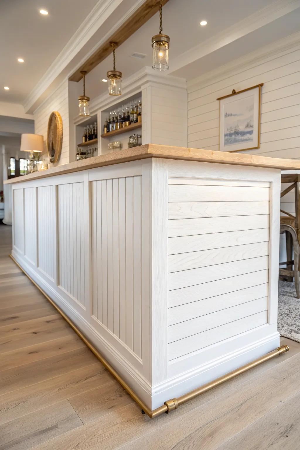Classic white shiplap bar front with crisp trim and warm oak details for farmhouse glow.