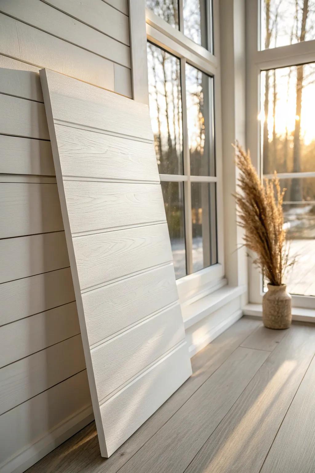 Classic white shiplap that brightens a sunroom—clean lines, soft shadows, timeless airy glow.