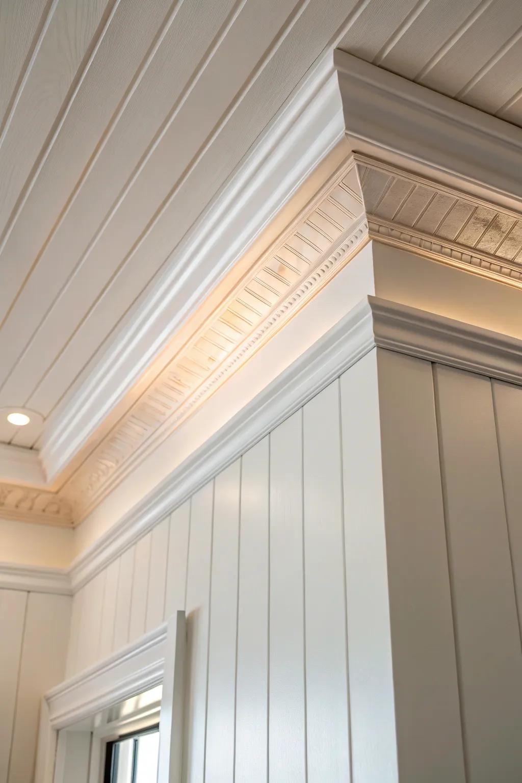 Crown molding tops shiplap with a crisp, built-in finish—perfect for hiding uneven ceilings.