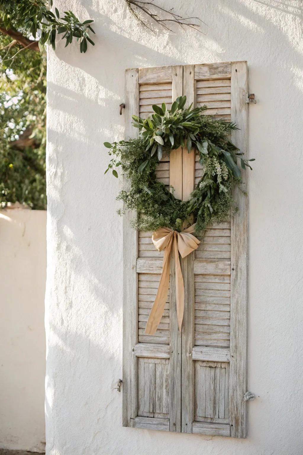 A classic wood shutter topped with a full greenery wreath and linen bow—simple, soft, and elegant.