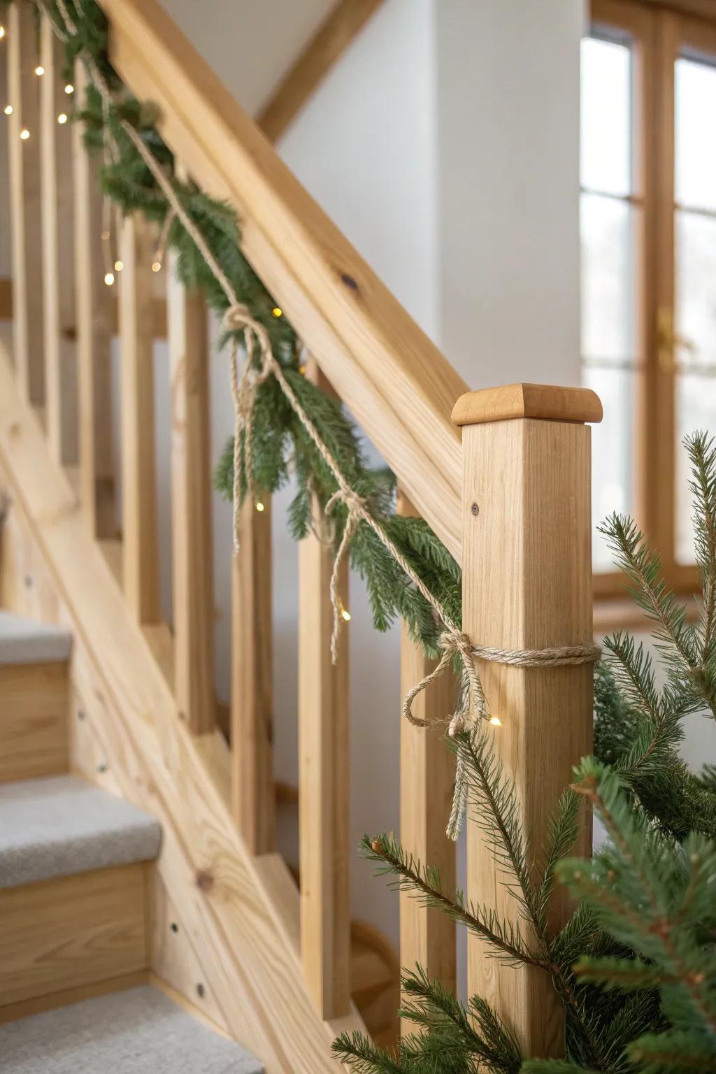 Airy pine garland tied with simple twine—letting the natural wood banister shine.