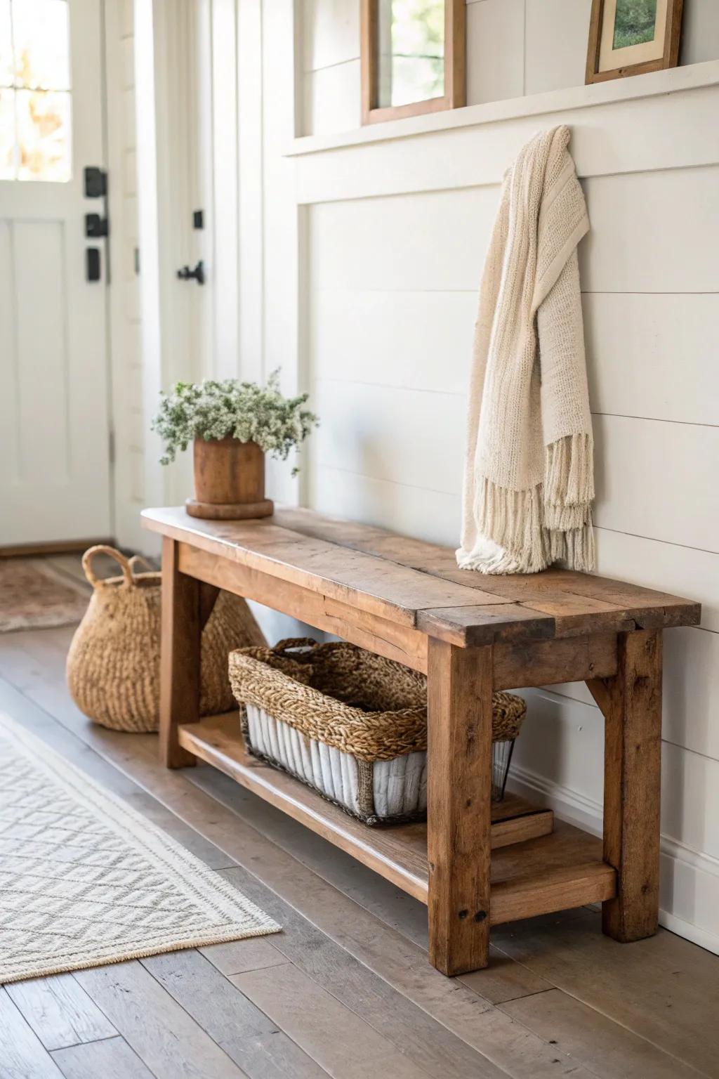 Chunky reclaimed-wood bench = instant ski-lodge calm and the perfect spot for boots & baskets.