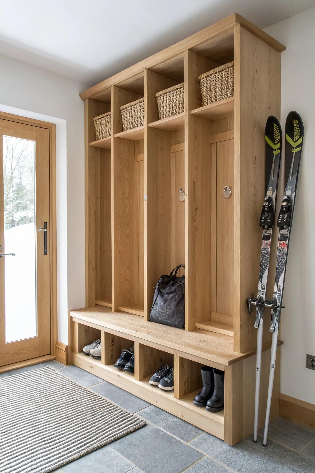Open oak ski-locker cubbies keep winter gear airy, dry, and beautifully organized.