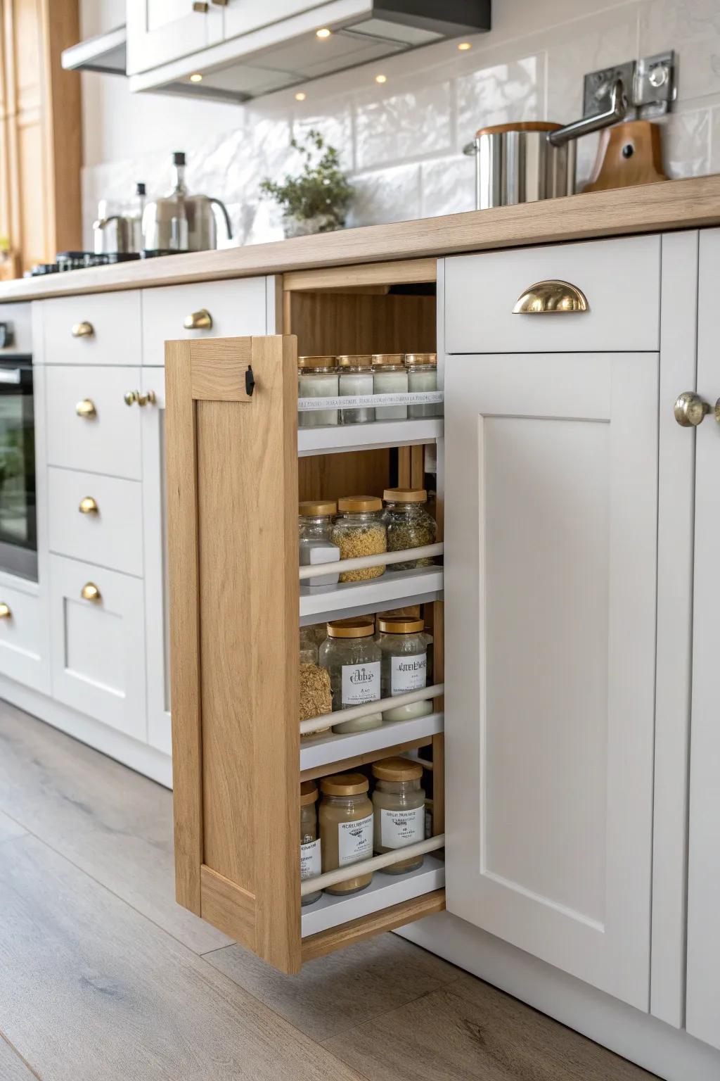 Classic pull-out spice rack turns a 3–6 inch filler gap into a tidy, visible pantry.