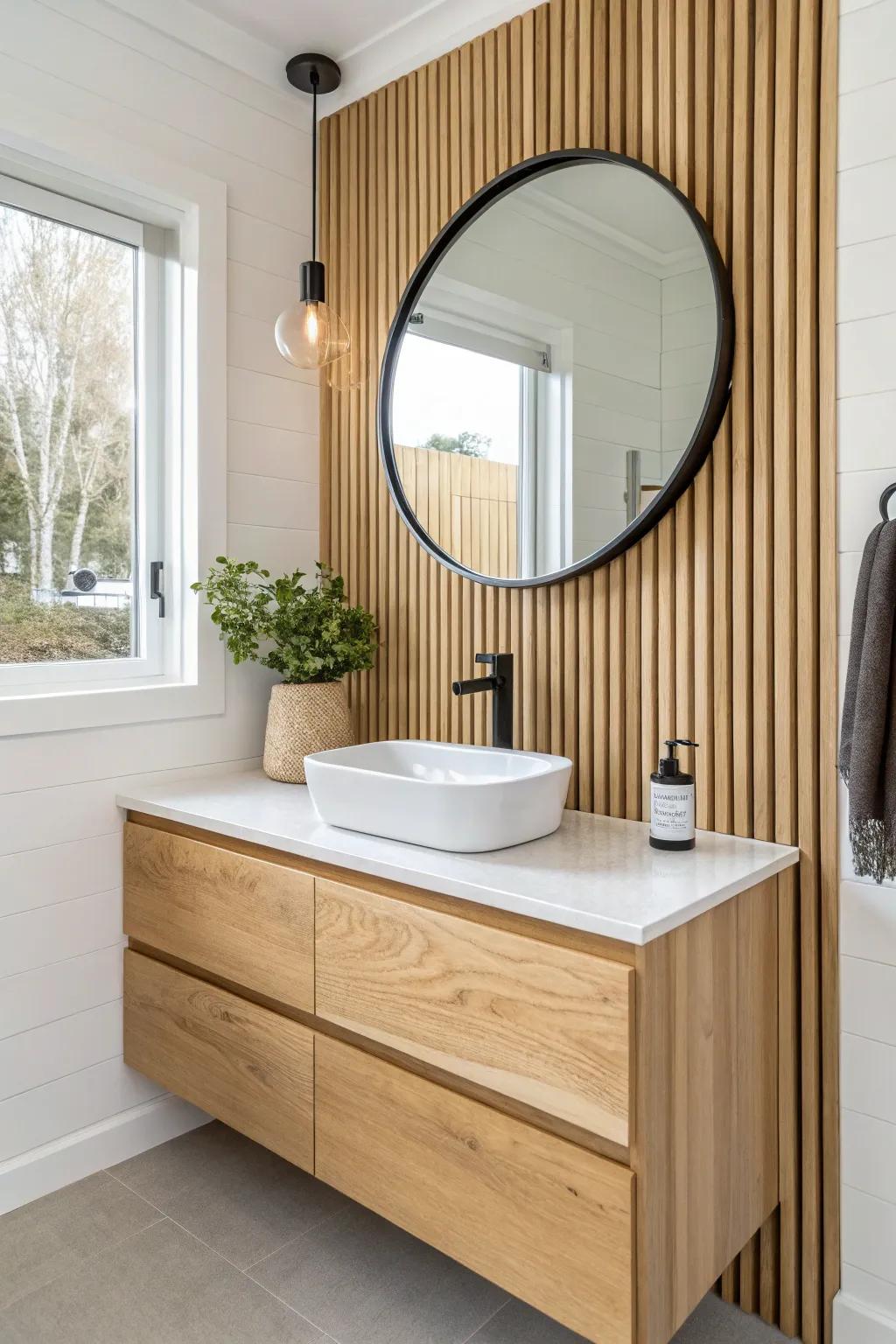 Warm oak slat wall backdrop makes this floating vanity look custom and spa-ready—easy to wipe clean.