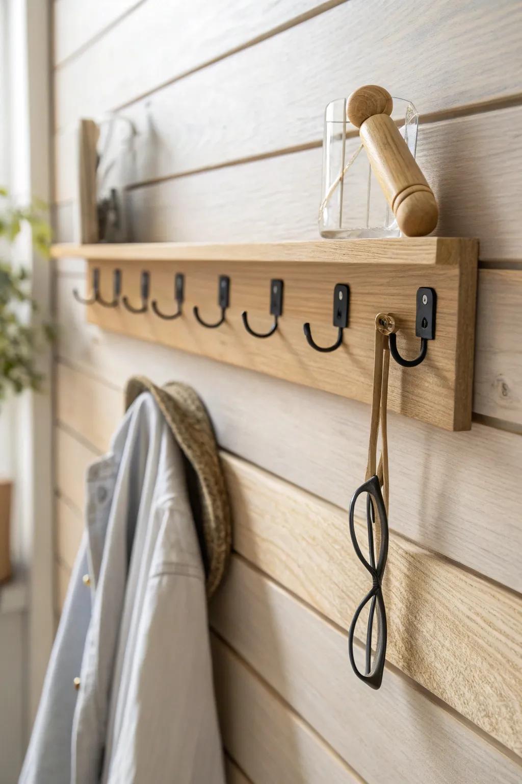 Everyday hook strip for tape, glasses & mallet—clean slat wall storage with warm oak contrast.