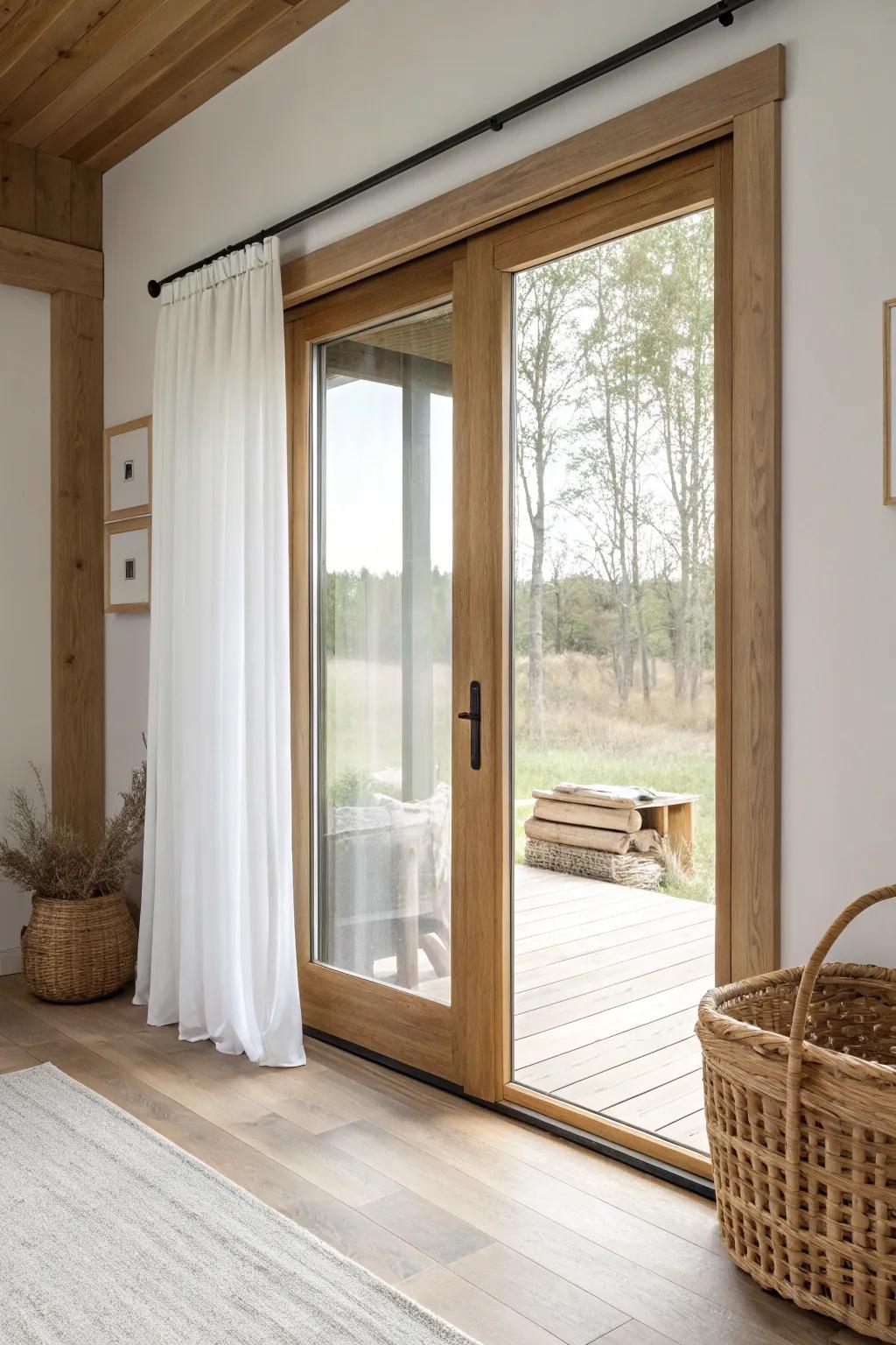 Flat farmhouse board trim turns a sliding door into a clean, custom-looking focal point.