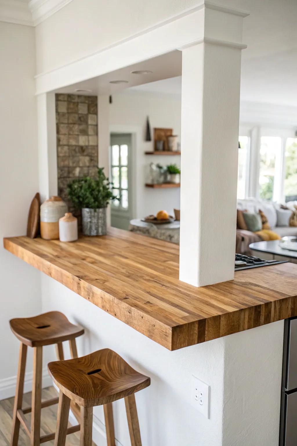 Warm butcher-block pass-through bar: a classic, space-saving counter that keeps conversations flowing.