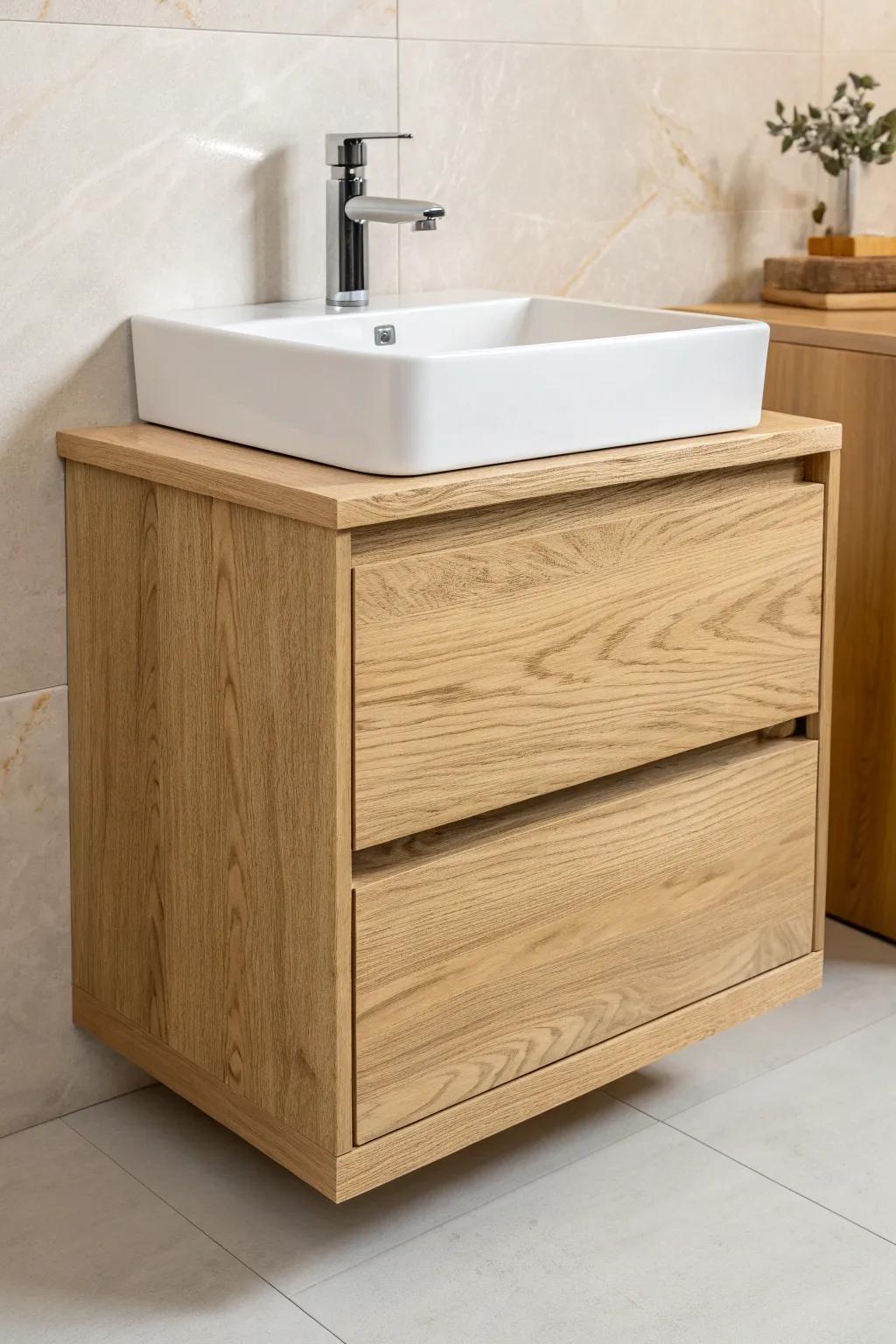 A floating oak vanity with seamless sink—minimal, airy, and perfect for small bathrooms.