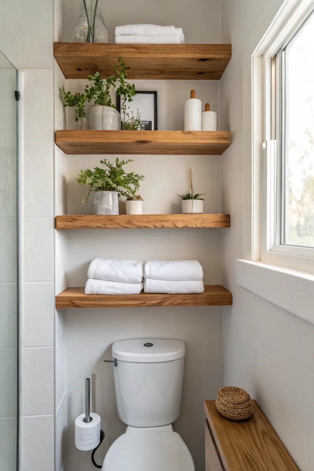 Slim oak floating shelves above the toilet—pretty storage for towels, TP, and a tiny plant.
