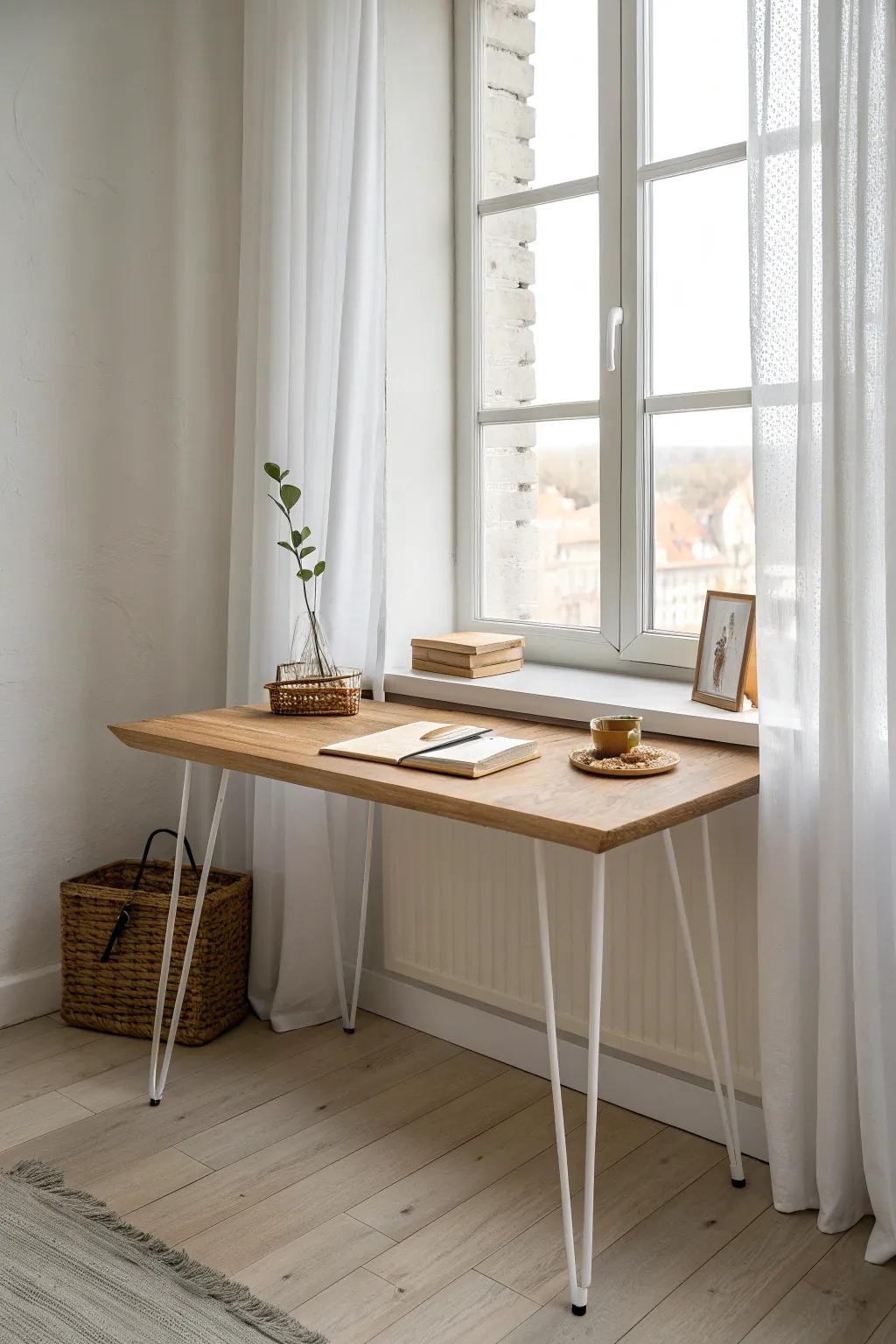 A slim oak desk under the window creates a bright, intentional work nook for a small bedroom.