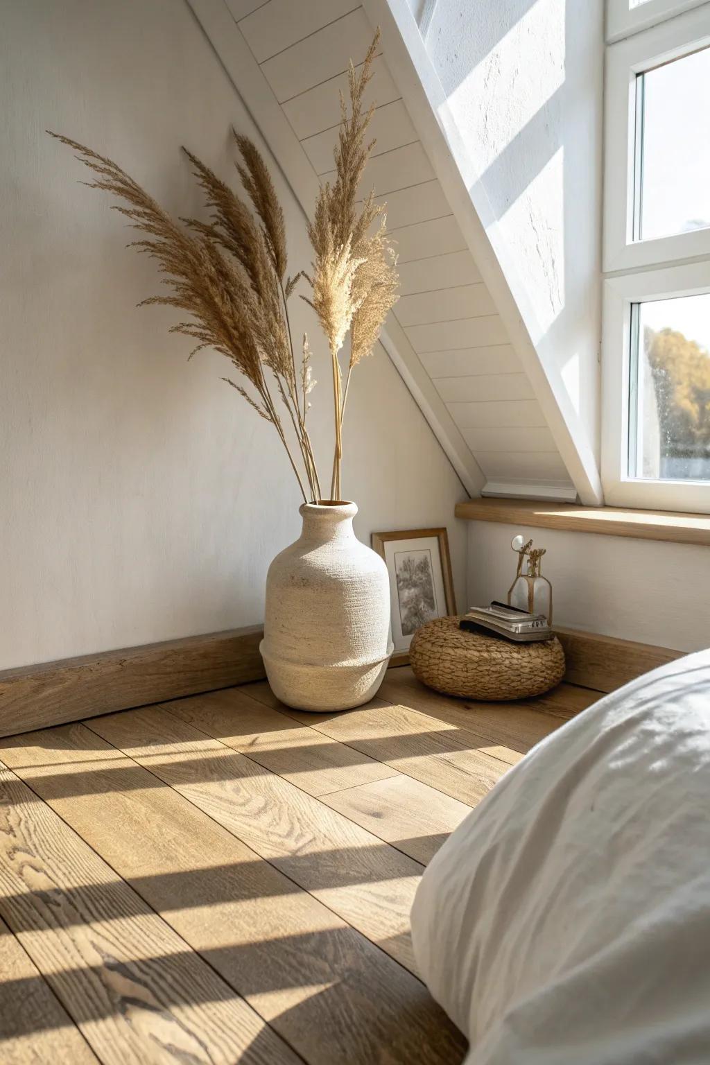 Light oak wide planks open up a small bedroom—fewer seams, more airy warmth.