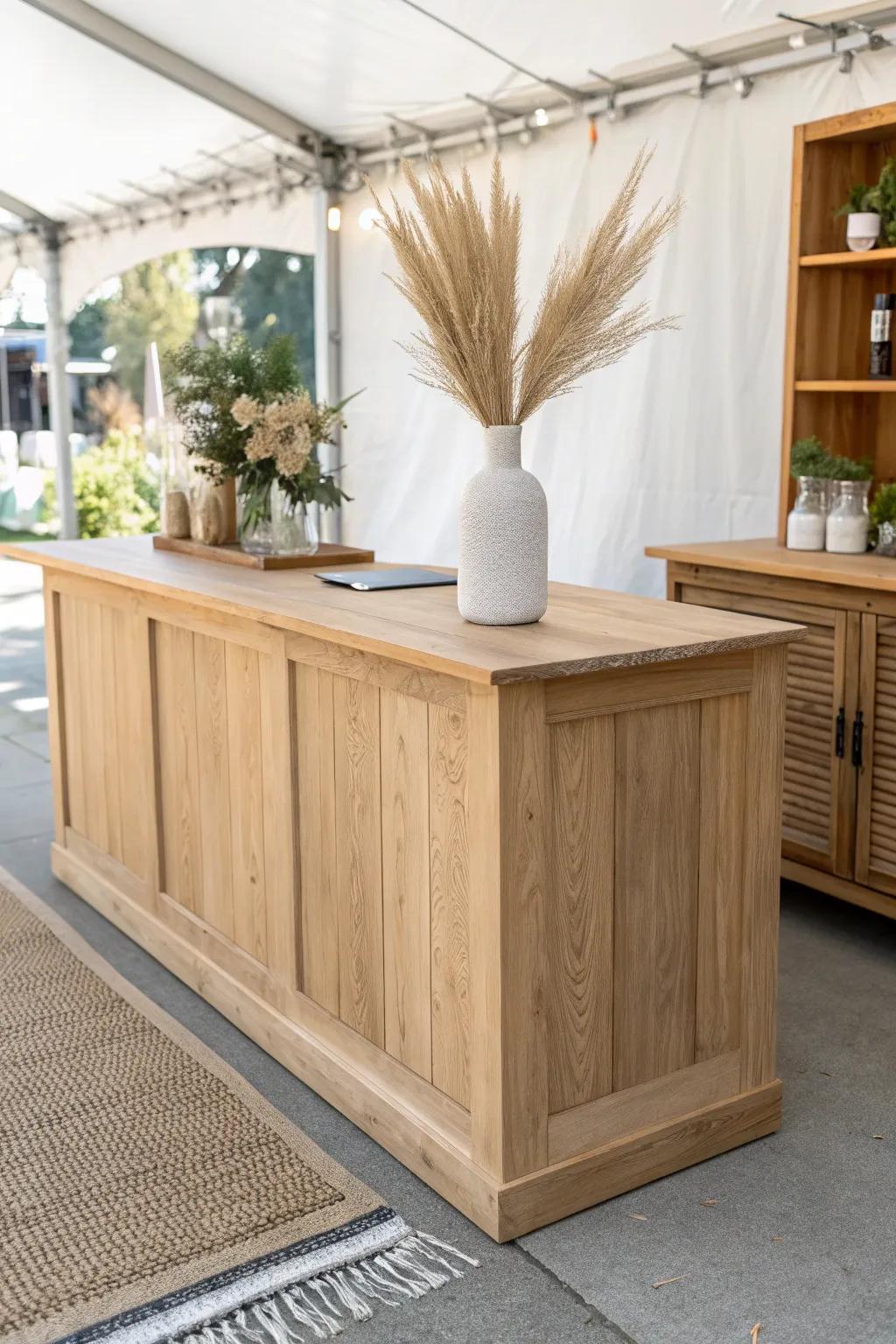 L-shaped wood counter with an open corner entry—welcoming, practical, and beautifully minimal.