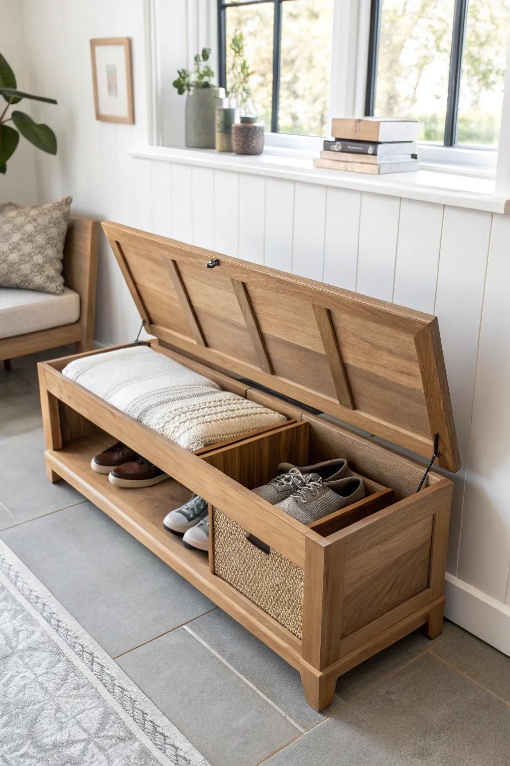 A slim reclaimed-wood bench with flip-up shoe storage—minimal, warm, and beautifully practical.