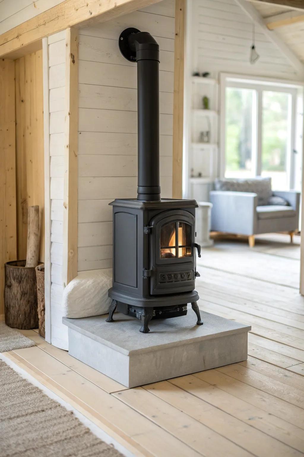 A petite black wood stove on a stone hearth instantly anchors a small cabin living room.
