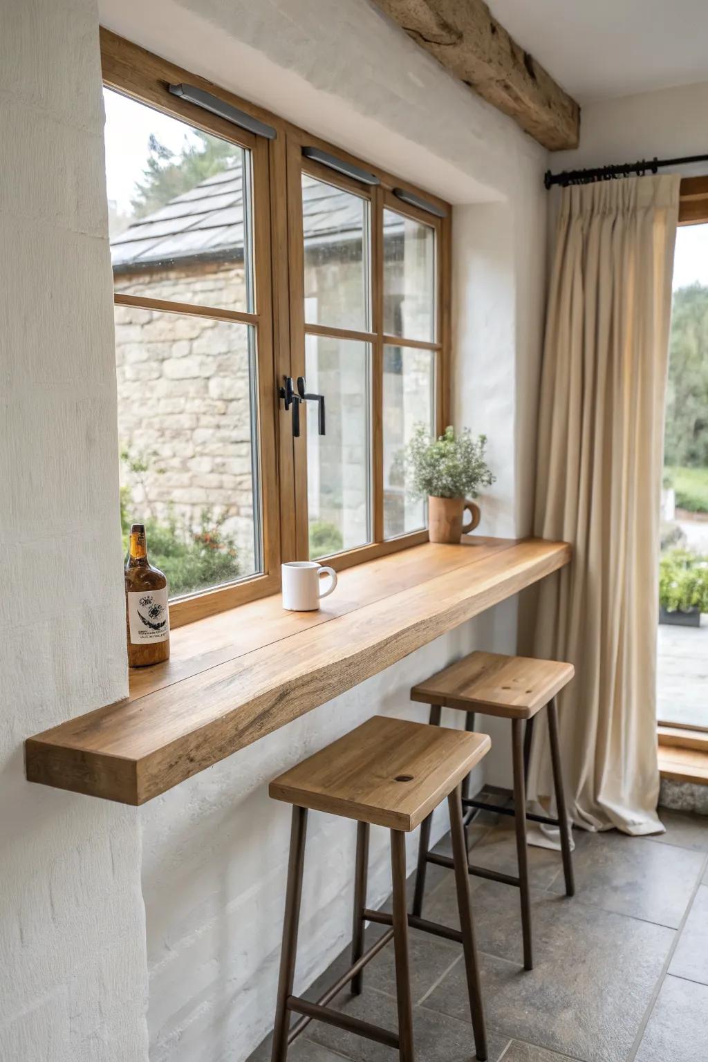 A slim oak window bar counter turns unused space into the brightest little café seat at home.