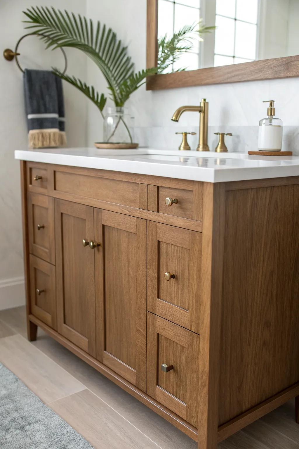 Warm-stained Shaker vanity: simple Craftsman lines that ground a small bathroom beautifully.