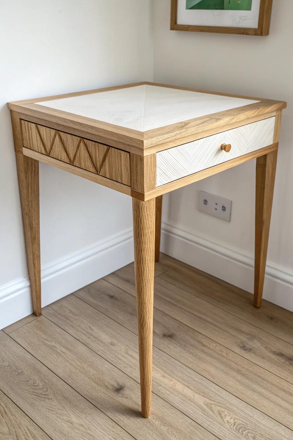 Turn a dead corner into a triangle vanity—handcrafted wood warmth with a minimal footprint.