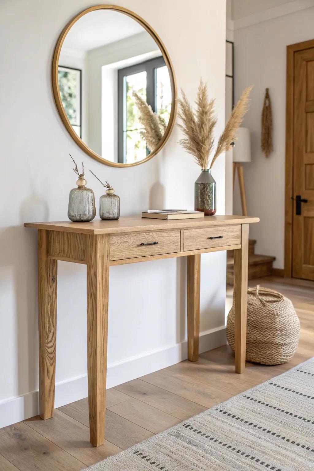 A round mirror above a slim oak entry table bounces light and makes tight hallways feel bigger.