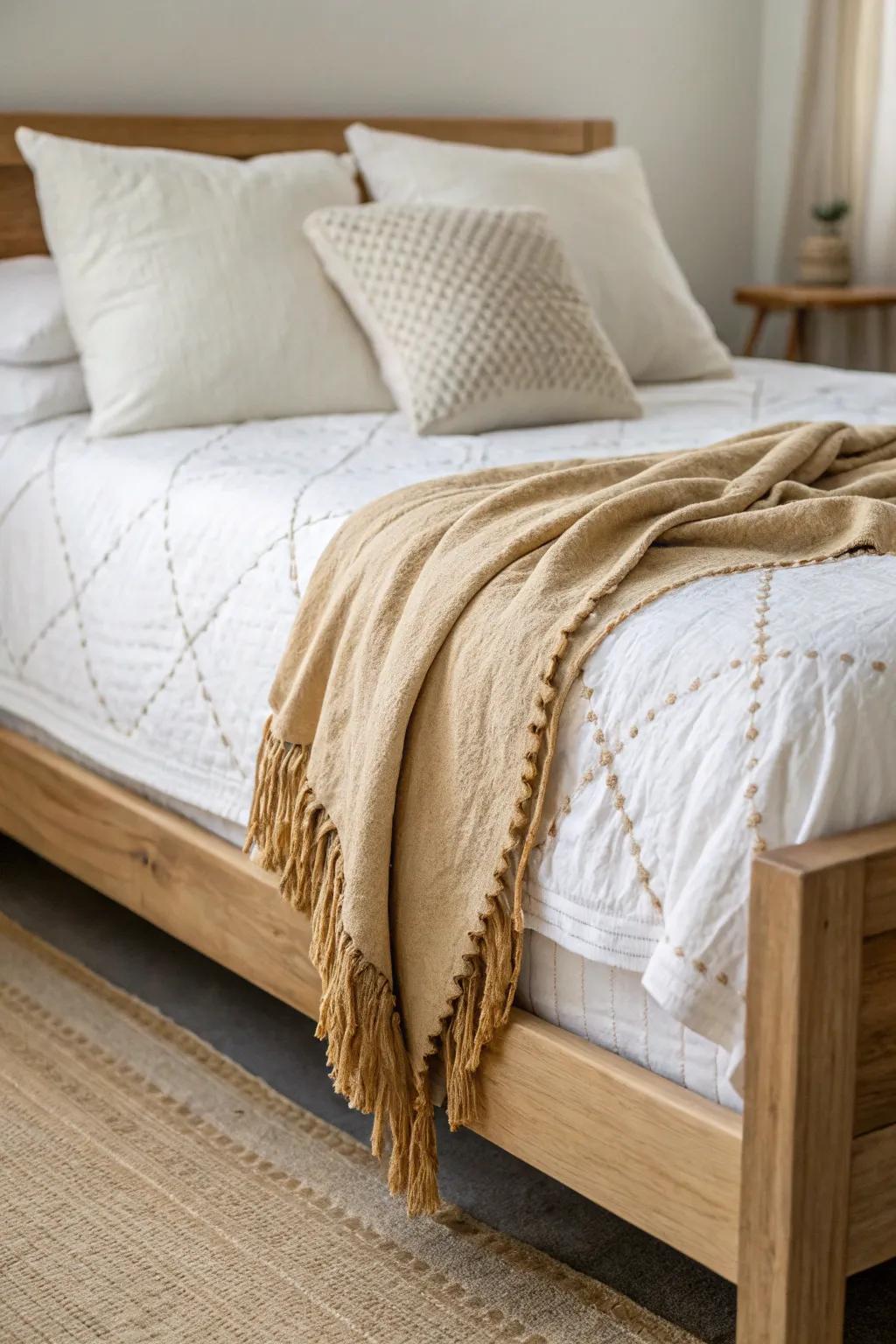 Creamy quilts, a beige throw, and textured pillows bring cozy farmhouse calm to a small bedroom.