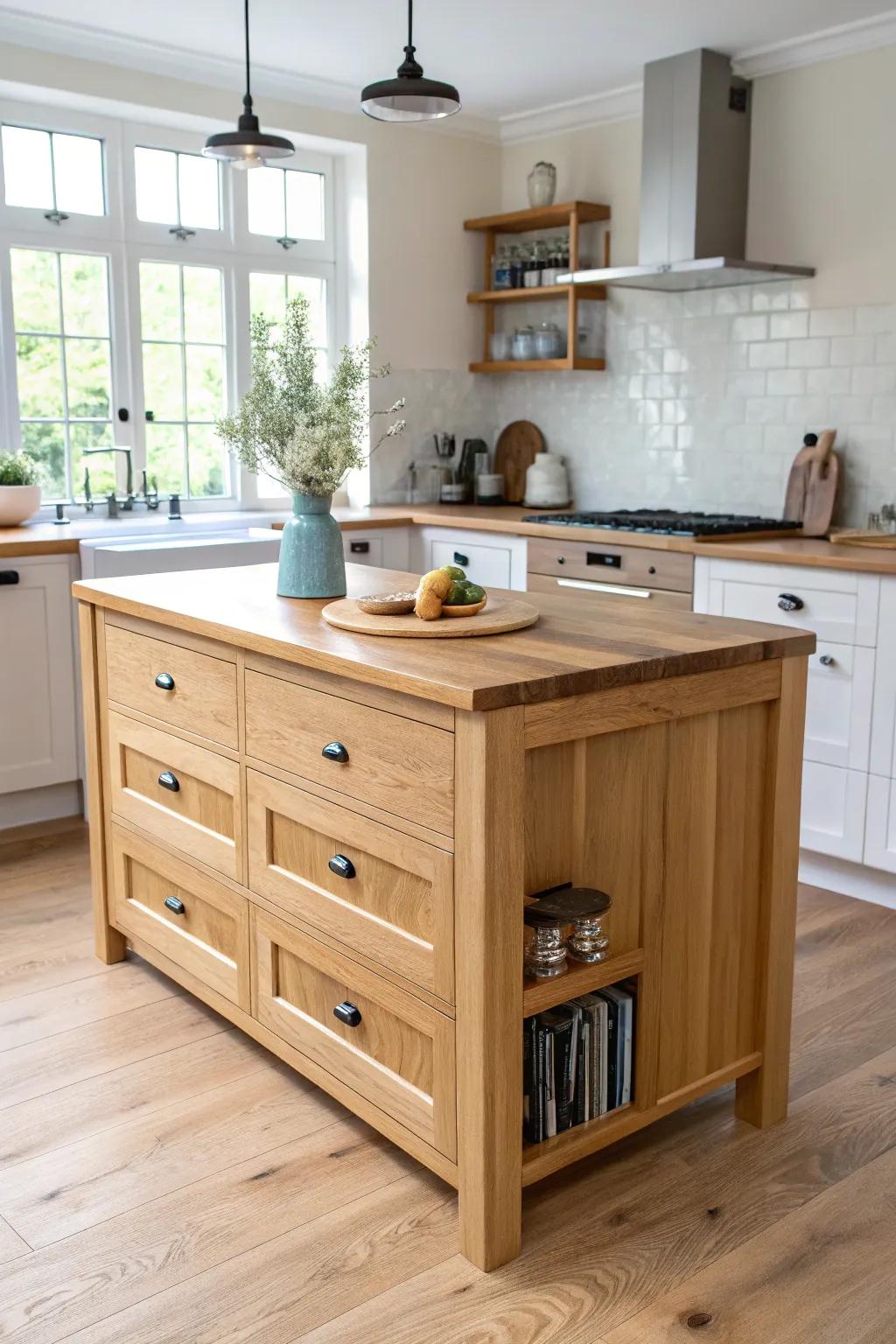 Leave breathing room: a slim oak island with rounded corners and a clear, comfy walkway.