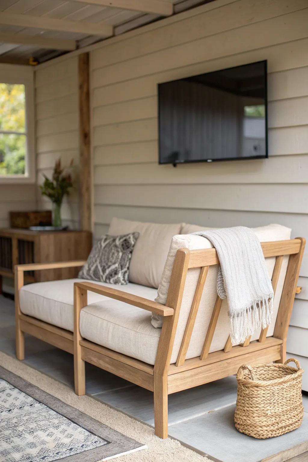 Compact loveseat and wall-mounted screen: a tiny shed lounge that feels open and airy.