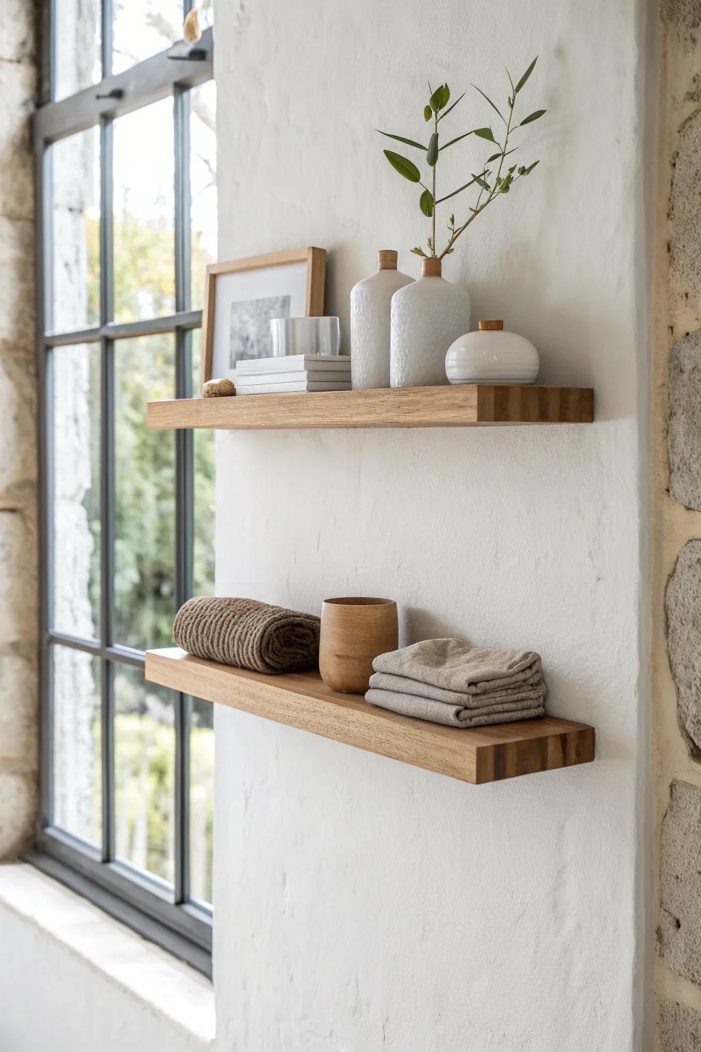 Slim light-oak floating shelf, shallow, sturdy, and ideal for minimal small retail walls.