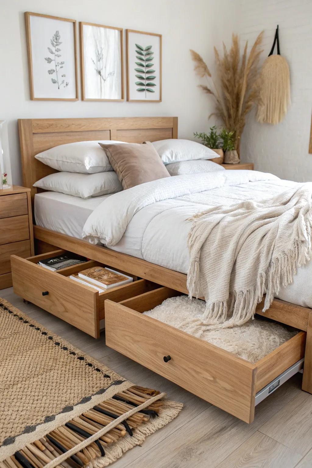 Classic raised platform bed with deep drawers—minimal lines, maximum storage for small rooms.