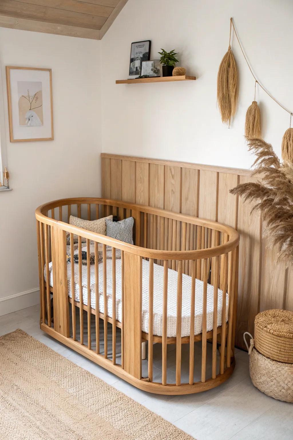 Corner crib + slim wood ledge: a small-space nursery that feels open, calm, and crafted.