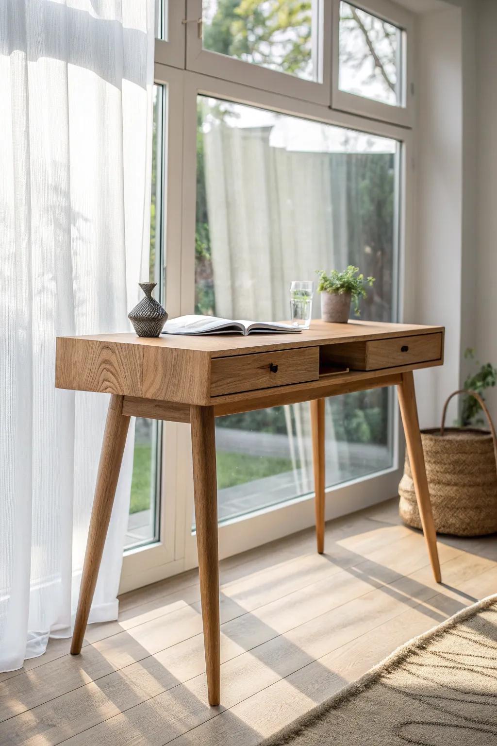 Window-facing oak desk in a sunlit nook—simple lines, calm views, better focus today.