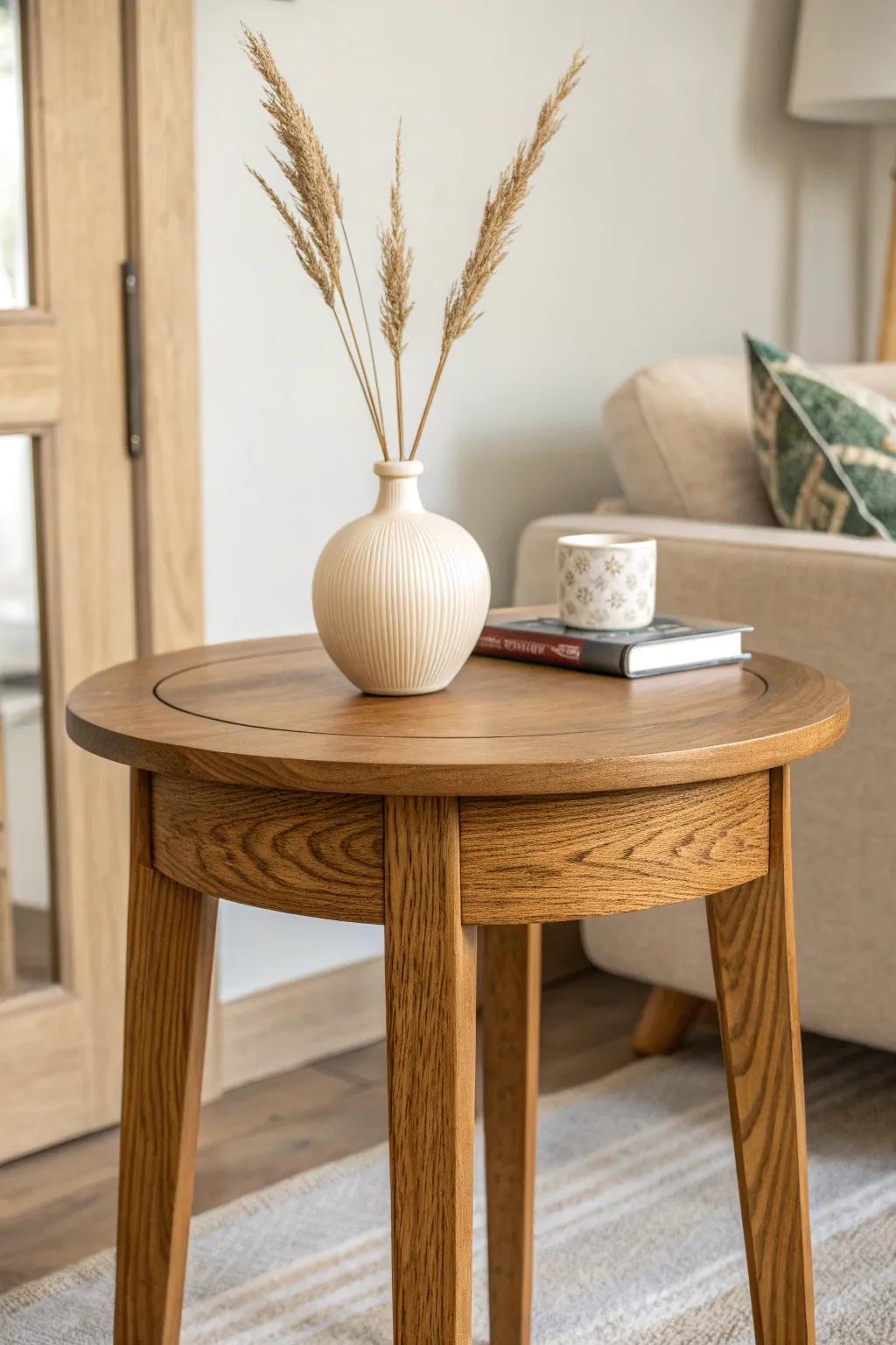 Creamy neutrals + honey-toned wood: the simplest way to warm up a small living room.