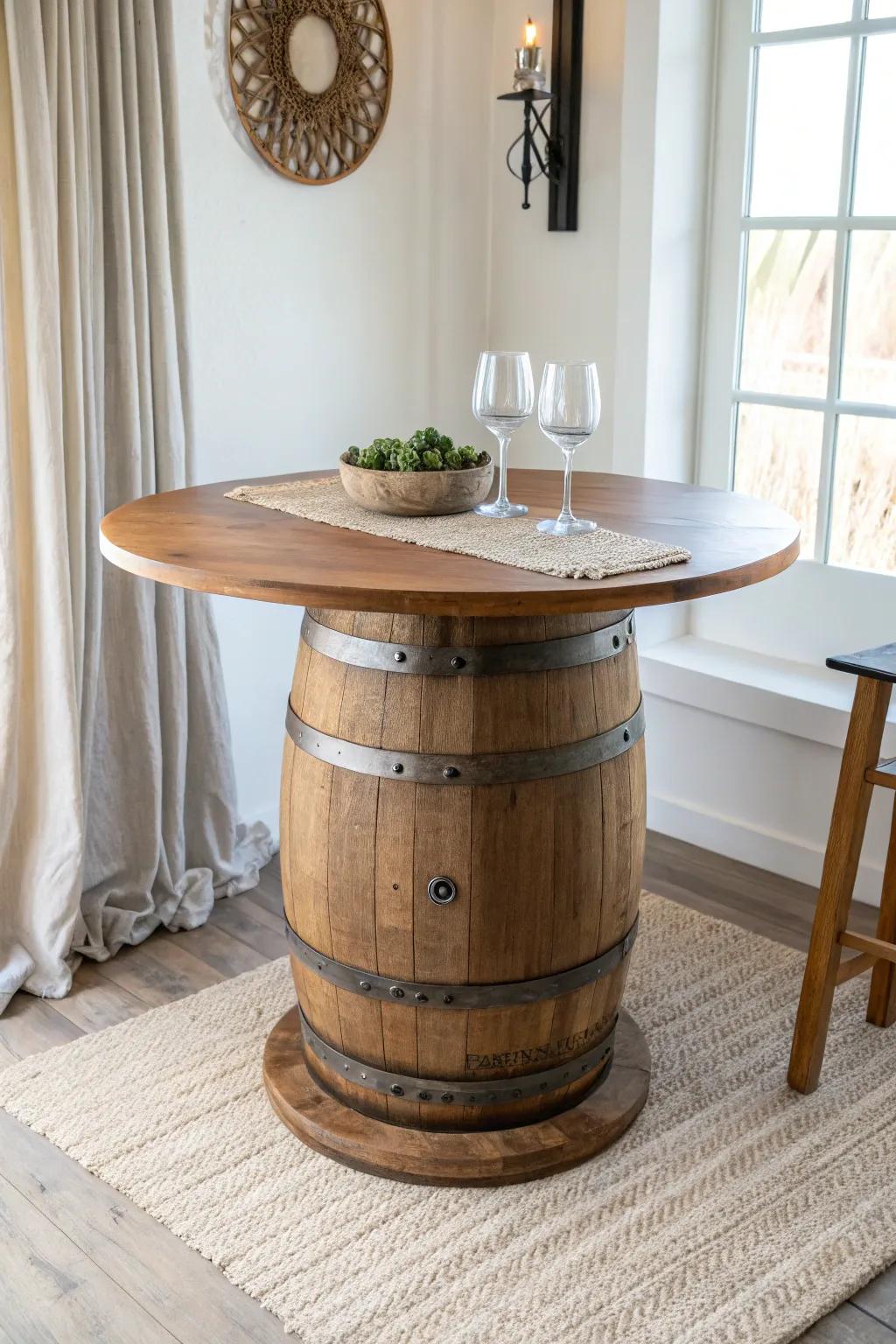 A barrel bistro table brings rustic character to a small tasting room—compact, warm, and chic.